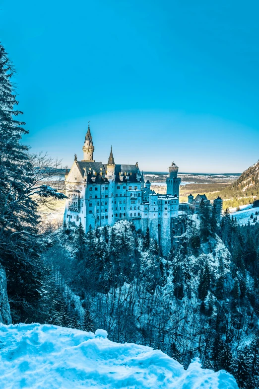 an scenic winter scene shows castle as snow covers the ground