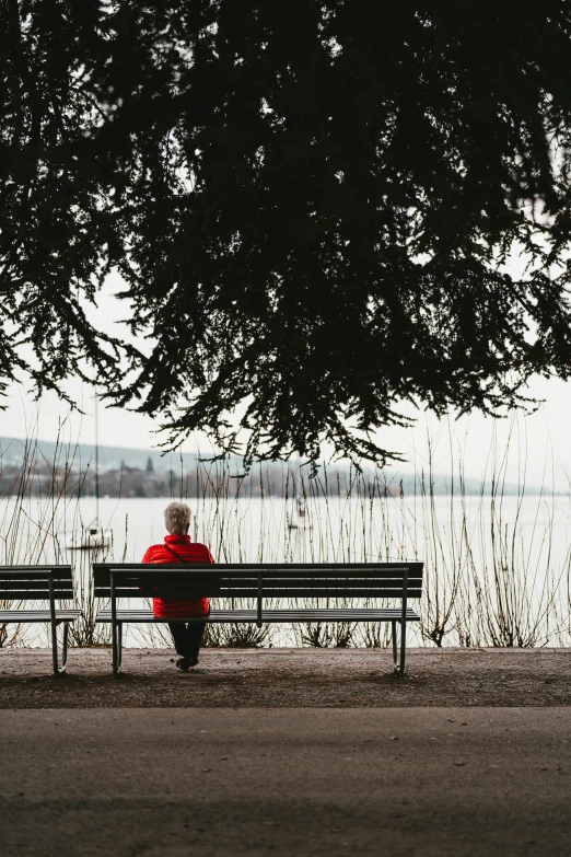 a woman is sitting on a bench looking at the water