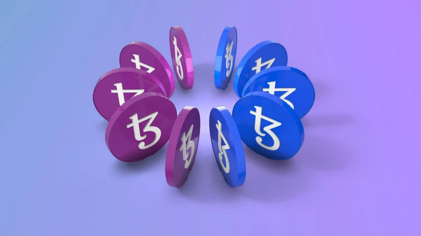 six purple and blue dice are in a circle