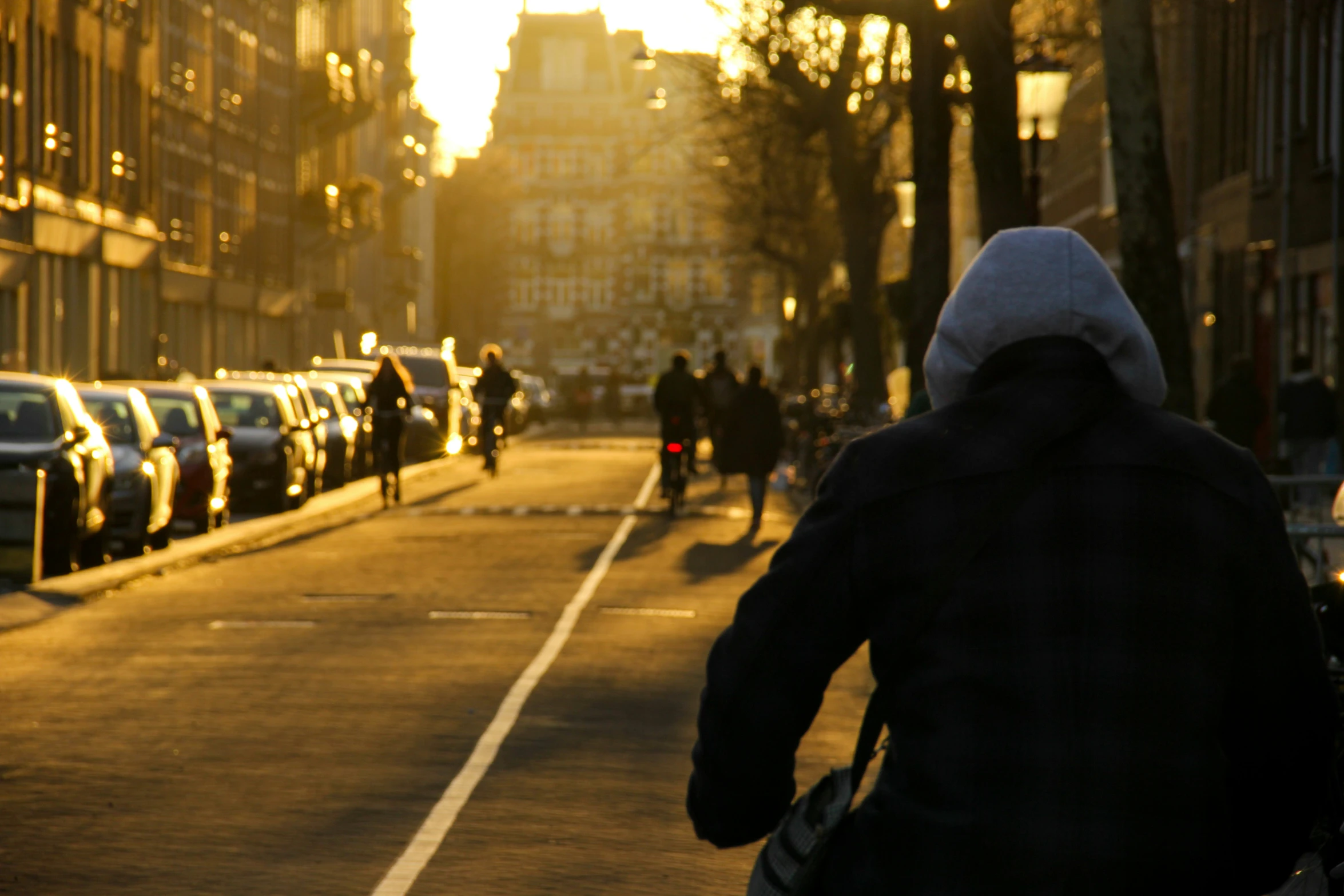 a person wearing a hooded jacket is riding on a bike