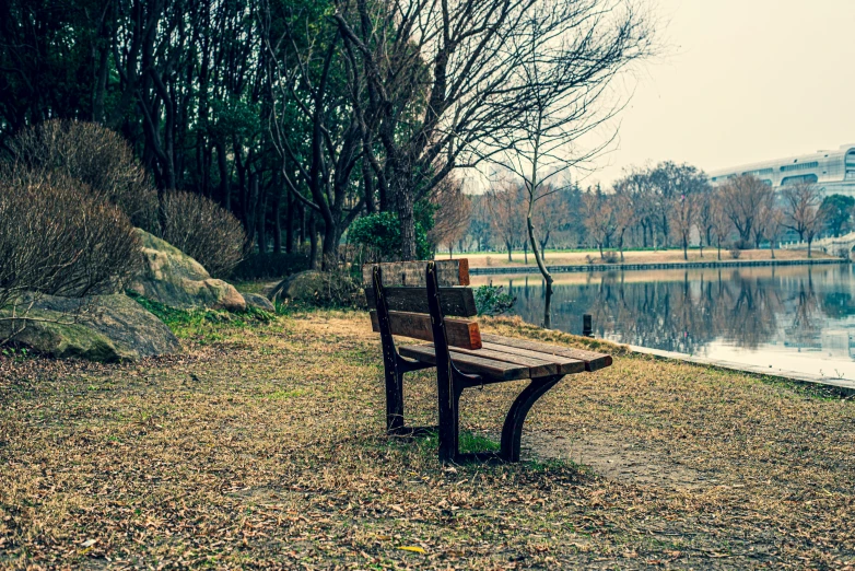 a bench along the river edge is empty