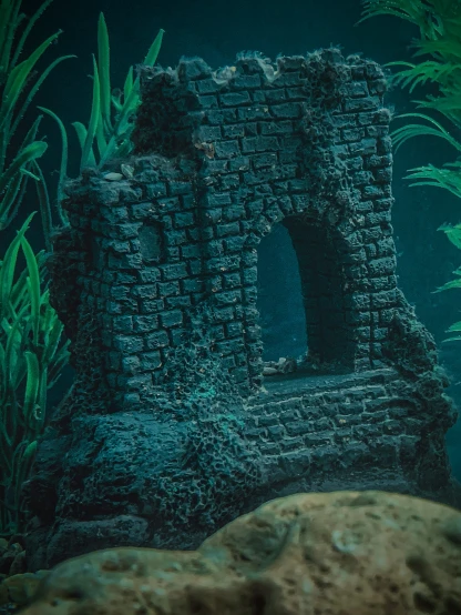 underwater view of a ruined building with algae