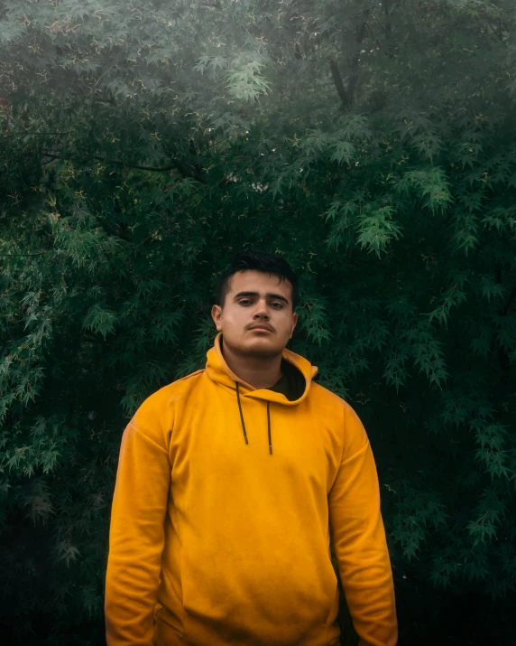 a man in yellow jacket posing with tree background