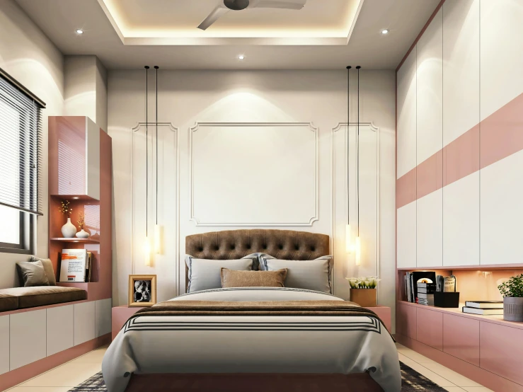 a modern bedroom with white, pink and tan decor