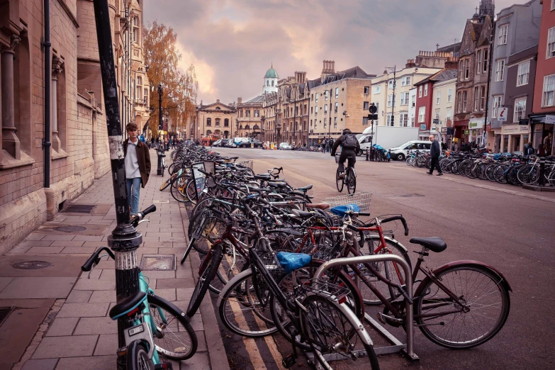 bicycles parked on side of street in urban area