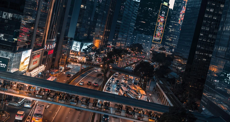 an aerial view of city traffic at night