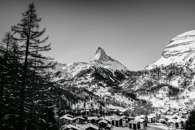 a snow capped mountain with houses and a forest below