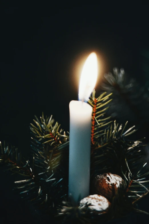 a lit candle next to a christmas tree