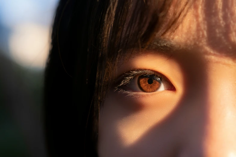 a young person's eyes have sunlight shining through the iris