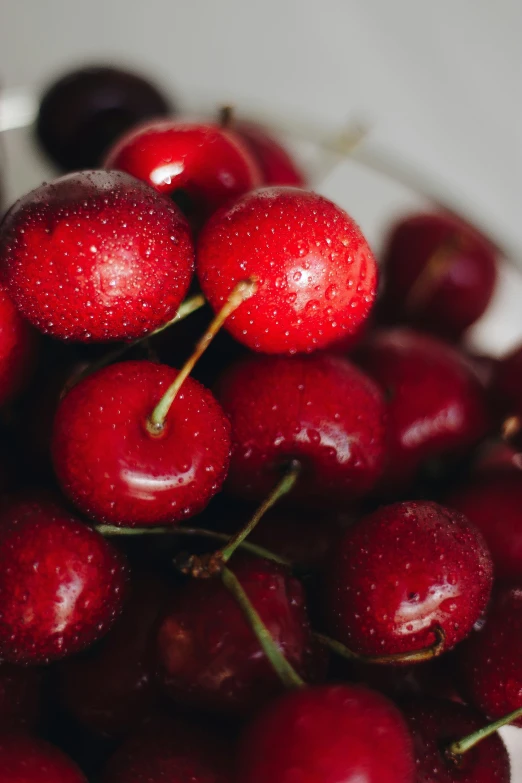 close up image of cherries with water droplets