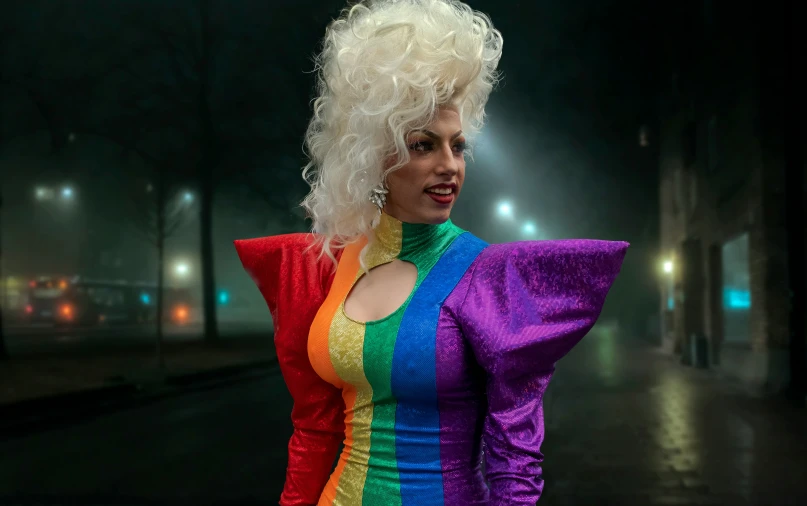 a woman with a very colorful dress on her chest and hair