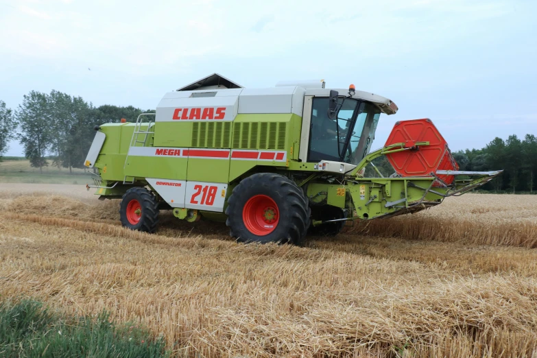green and red combiner harvesting wheat in open field