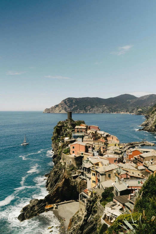 small town perched on the edge of the cliff overlooking a large body of water