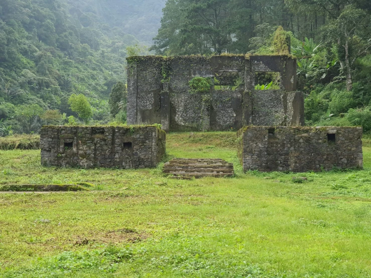 ruins, sitting in an open grassy area by some trees