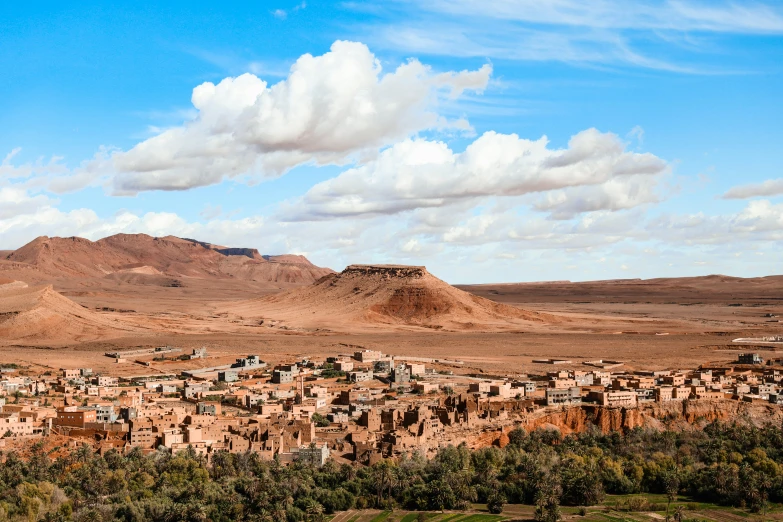 a small village nestled between mountains and deserts