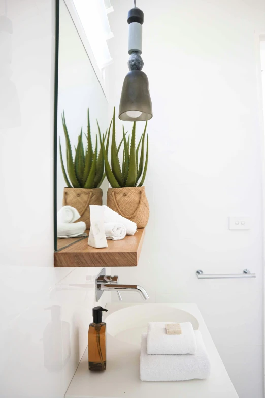 an interesting hanging light above a bathroom sink