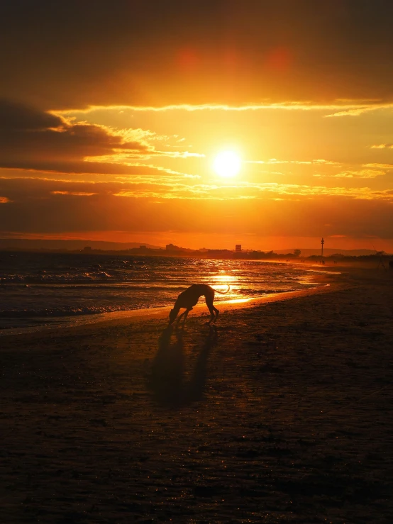 the man stands on a beach as the sun is setting