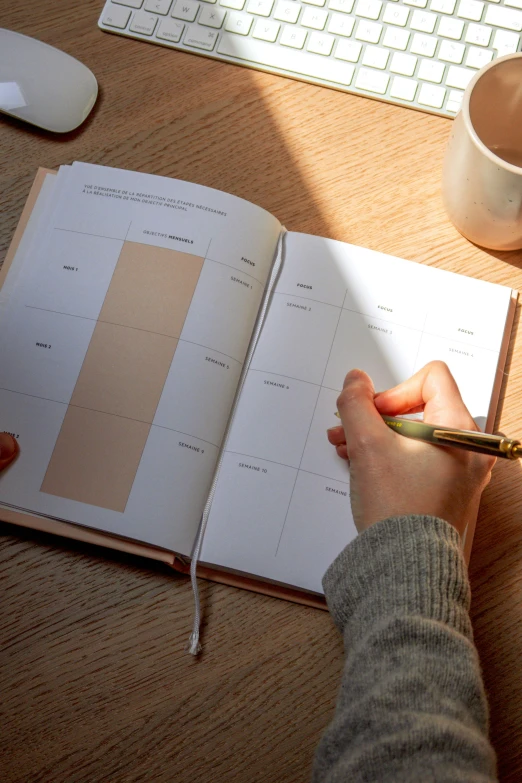 a persons hands on the paper with a cup of coffee