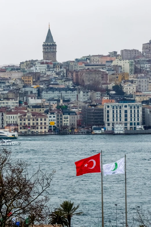 two flags on poles overlooking the ocean with buildings in the background