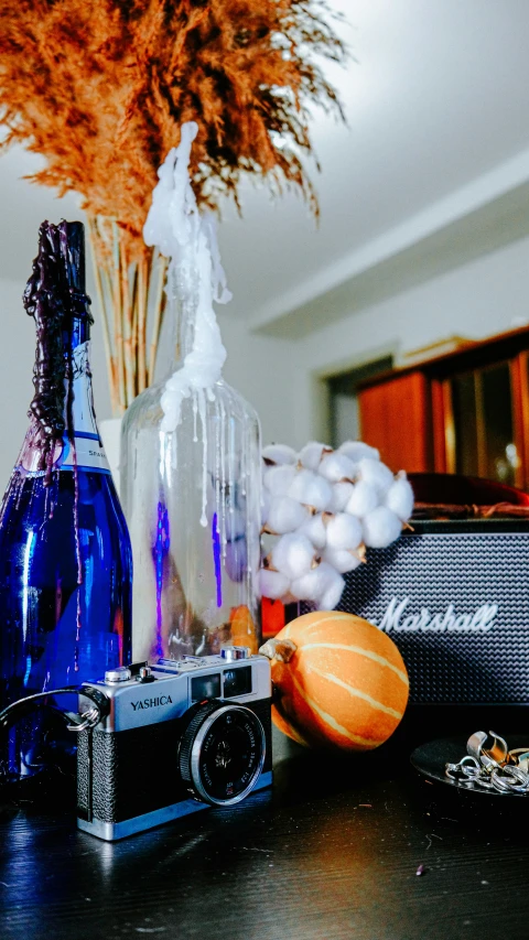 an old camera, an orange and a bottle