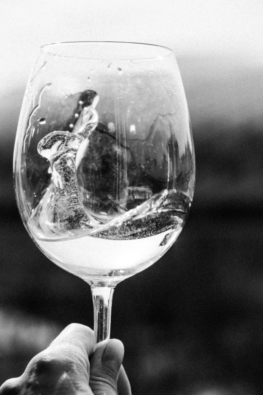 a person holding up a wine glass with a liquid inside of it