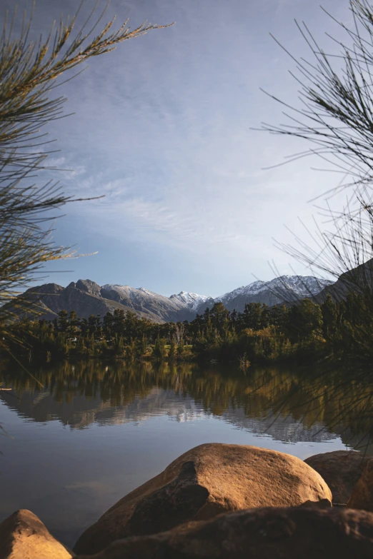 the view shows mountains over a still lake