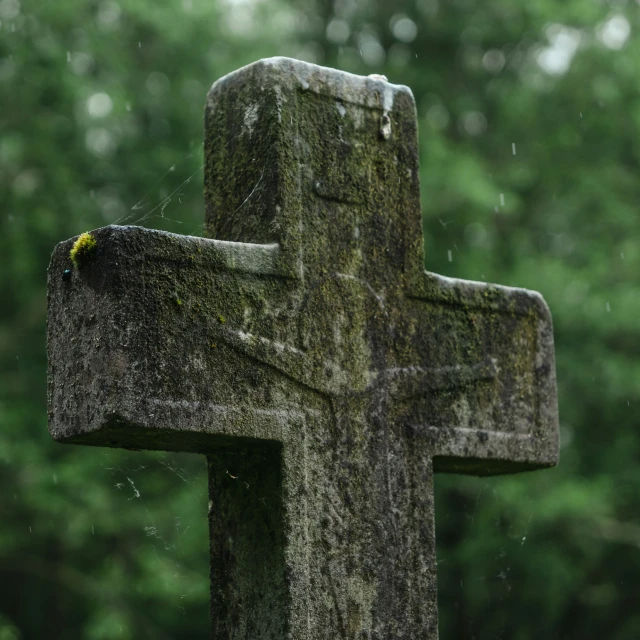 close up of a grave cross with a green background