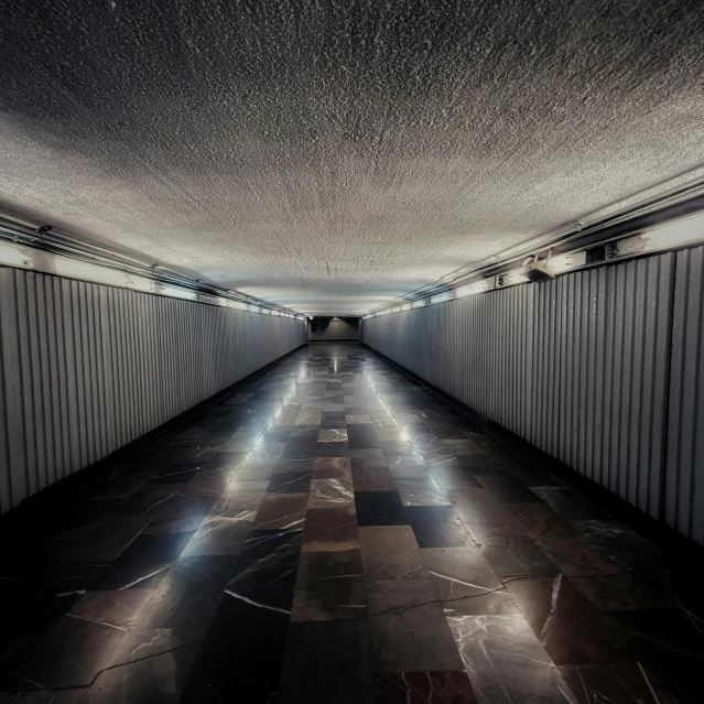 a dark hallway in the subway next to it is covered with long lines