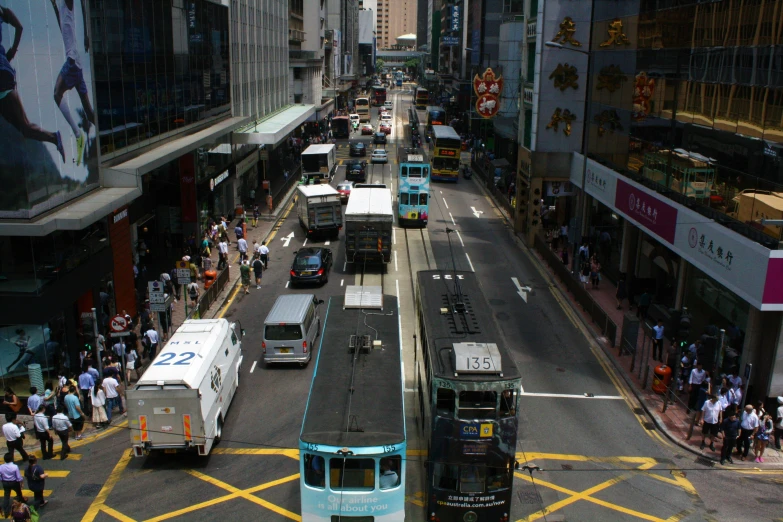 an overhead view of buses on the street in a busy city