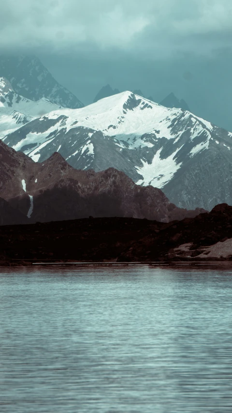 snow capped mountains with an ocean in the foreground