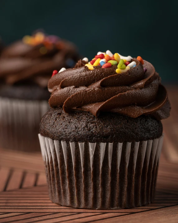cupcakes with chocolate frosting and multi colored sprinkles