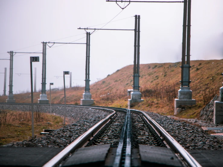 a view of a rail road track with two men walking along it