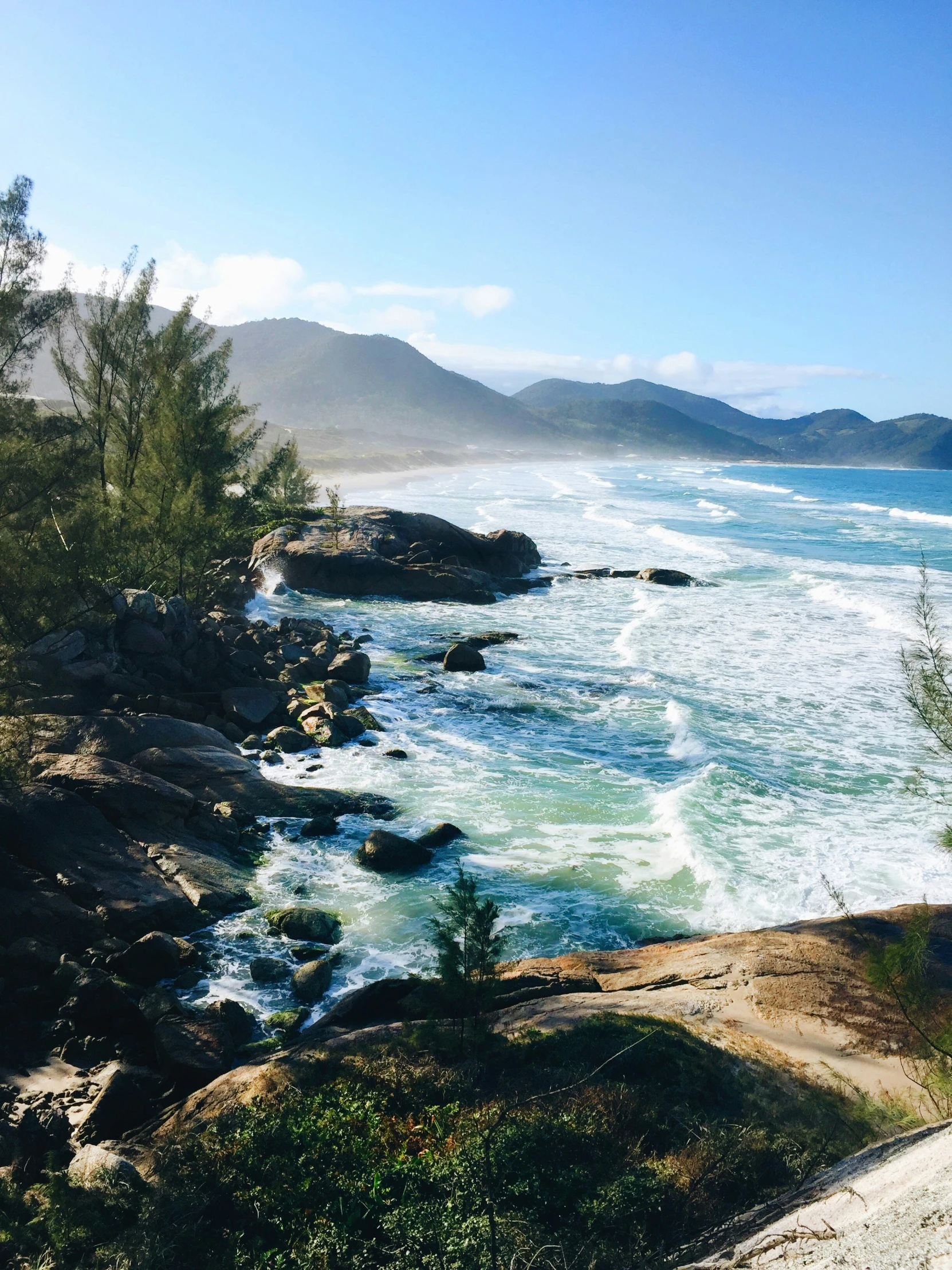 a beautiful view of a rocky shore with trees on either side