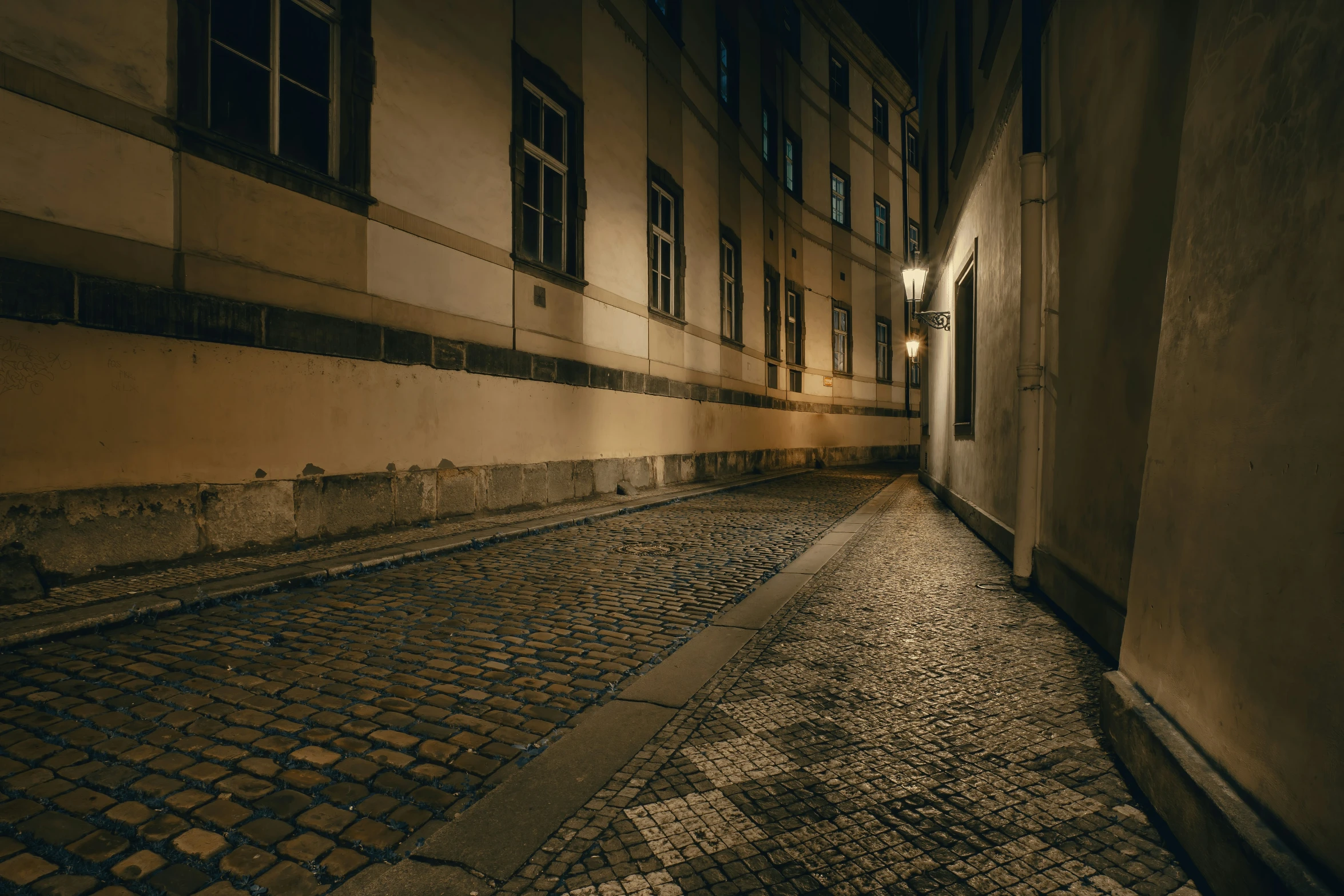 this dark street has a cobble stone walkway in it