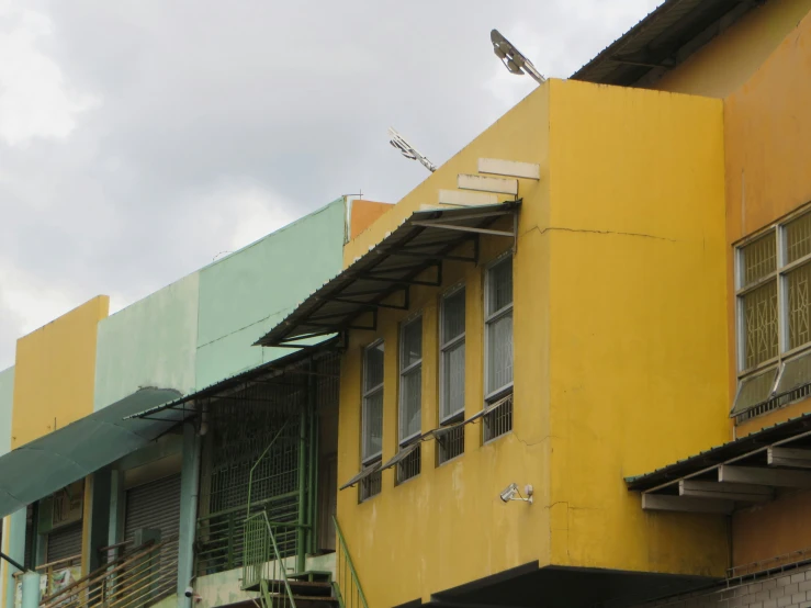 a yellow and green building with a bird perched on top of the windows