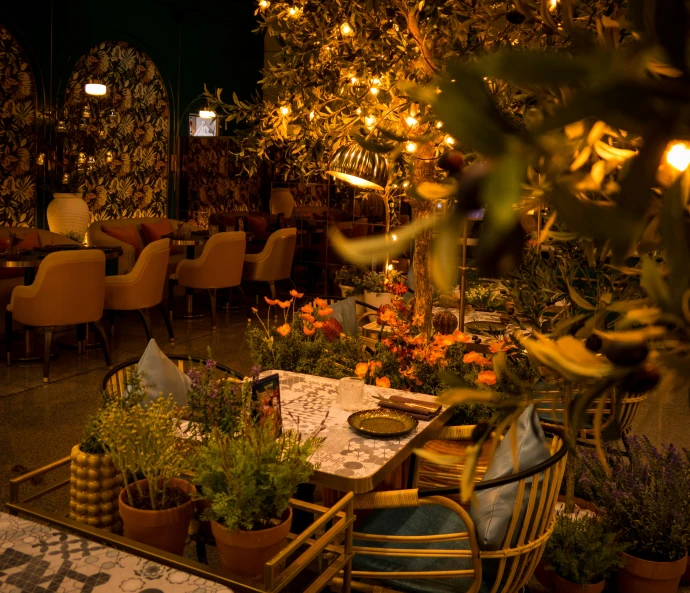 a dining area with potted plants and tables