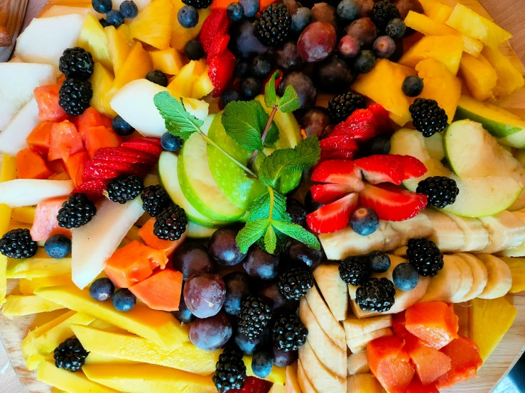 a plate full of different types of fruit on top of it