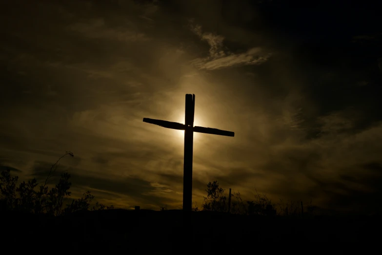 silhouette of the cross and dark clouds in the evening