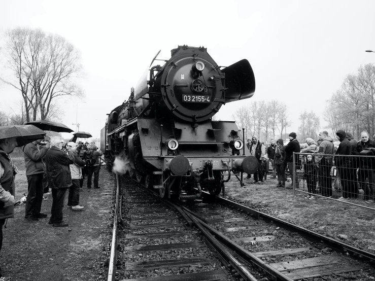 people lined up near a train stopped at a station