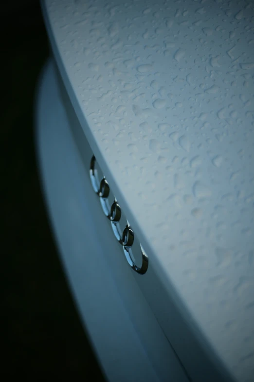 a shiny car emblem is visible in the rain