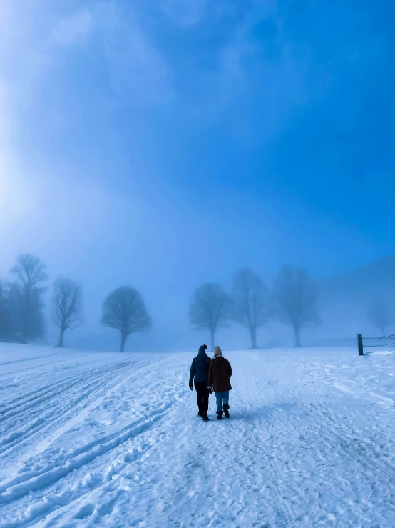 a couple walking through a field covered in snow