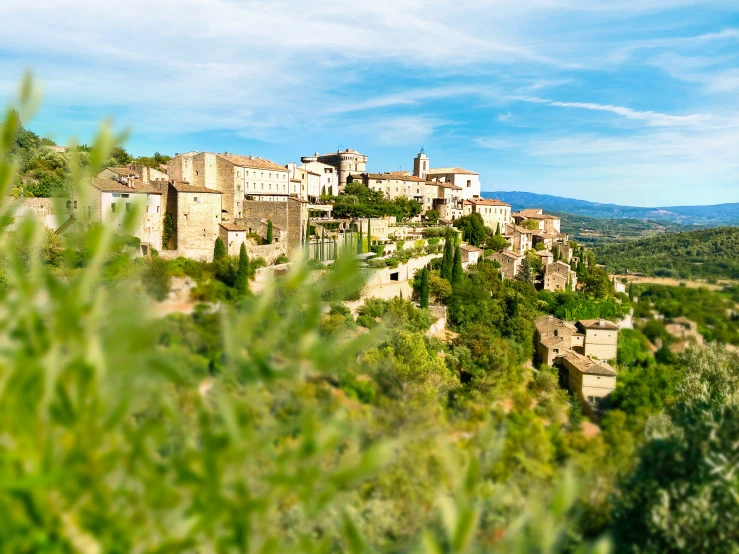 a village nestled between two trees and mountains