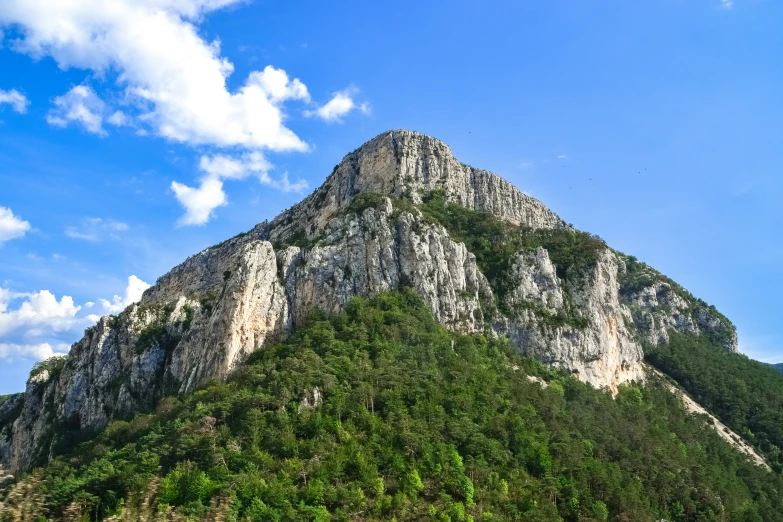 large mountains are covered with trees and a blue sky