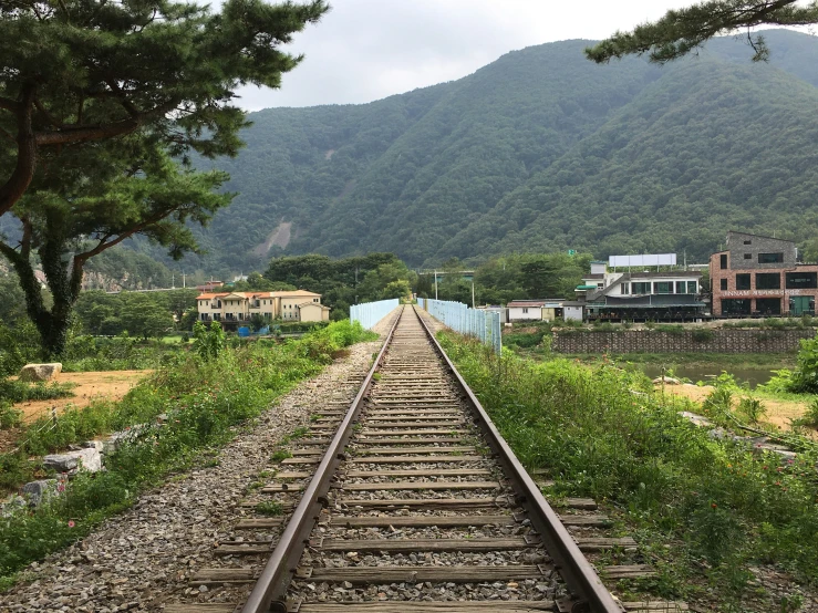 a train track sitting in the middle of a small town