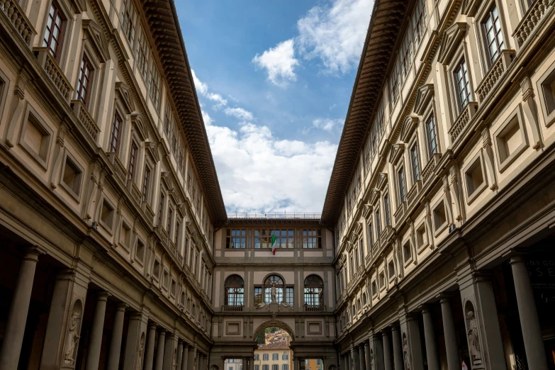 a view from the ground of an old building