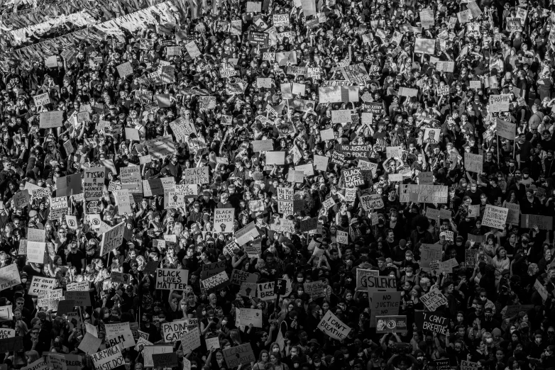 many black and white protest signs fill the frame