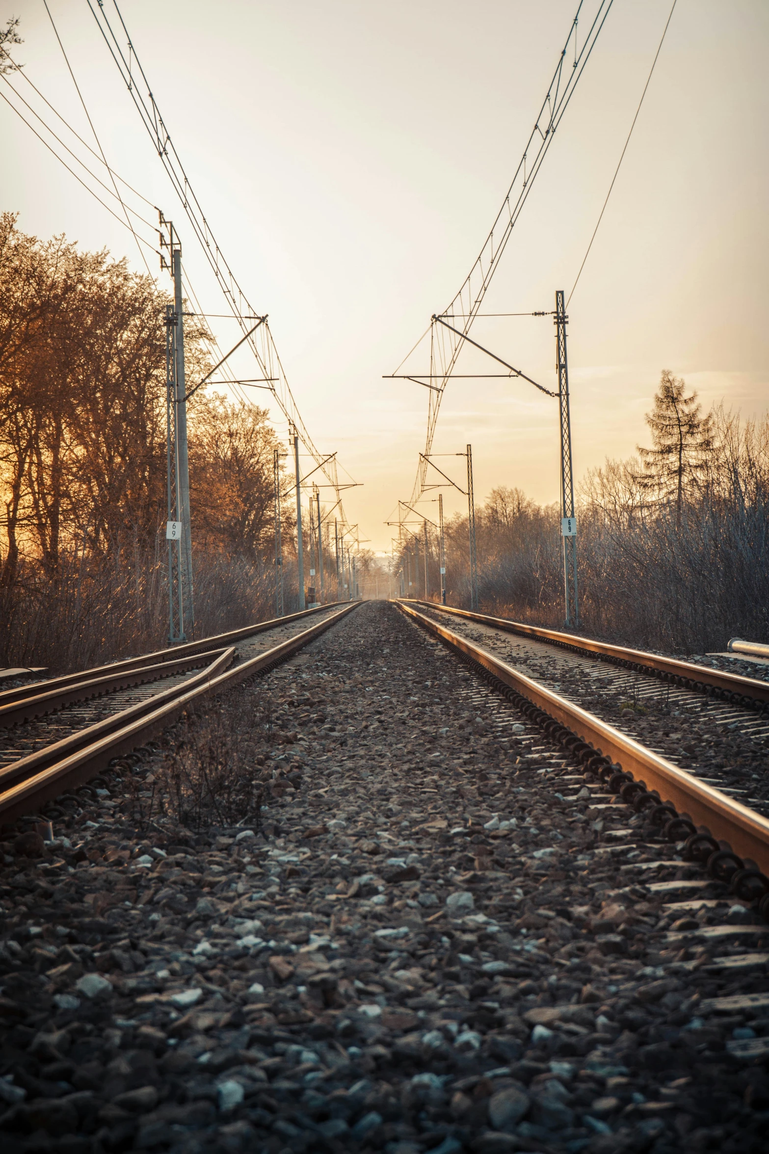 a set of train tracks surrounded by lots of power lines