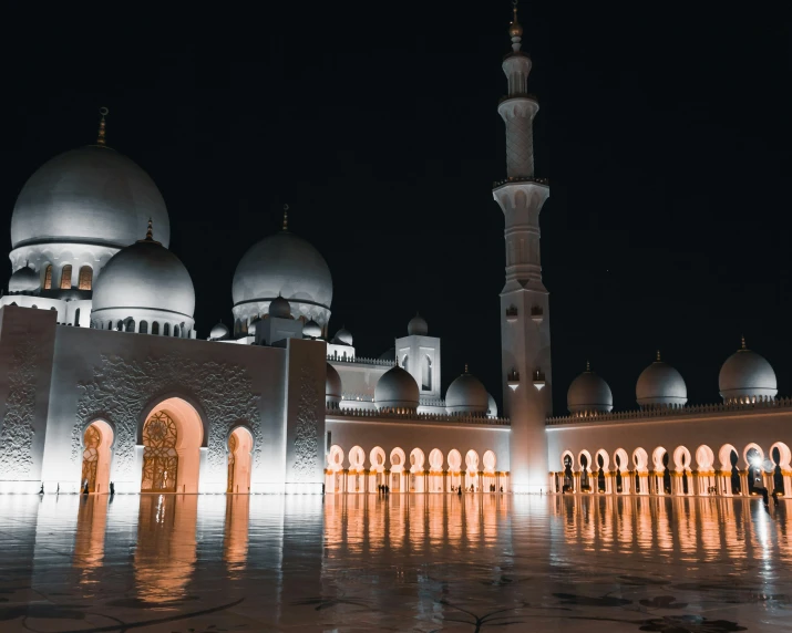 a large white building with multiple towers at night