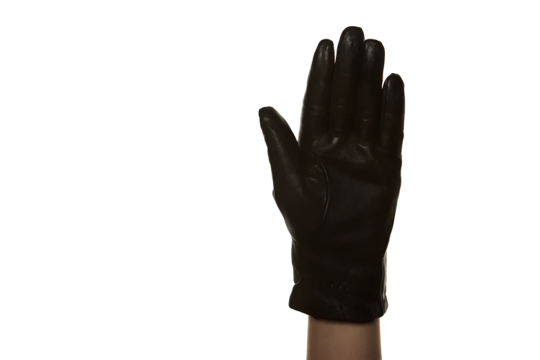 the hand is wearing black leather gloves