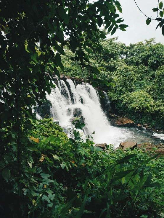 a very tall waterfall next to some trees